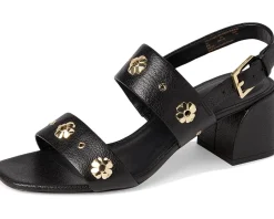 Kate Spade New York Spade Flower Stud Pebbled Leather Block Heel Sandals Black Outlet