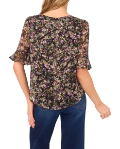 CeCe Split Tie Neck Ruffle Cuff Top Rich Black