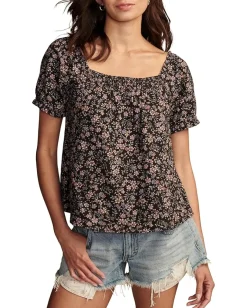 Women Lucky Brand Square Neck Printed Short Sleeve Top