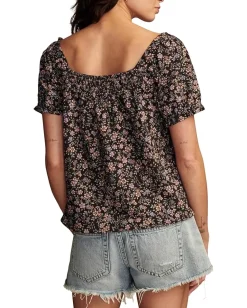 Women Lucky Brand Square Neck Printed Short Sleeve Top