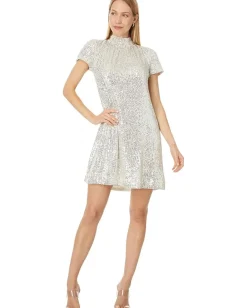 Women CeCe S/S Mock Nk Sequin A-Line Dress W/ Back Bow 246
