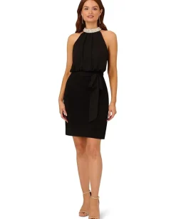 Women Adrianna Papell Stretch Chiffon Blousson Halter Cocktail Dress with Pearl Bead Necklace Detail