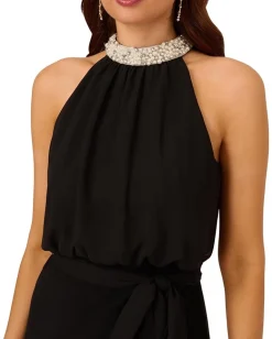 Women Adrianna Papell Stretch Chiffon Blousson Halter Cocktail Dress with Pearl Bead Necklace Detail