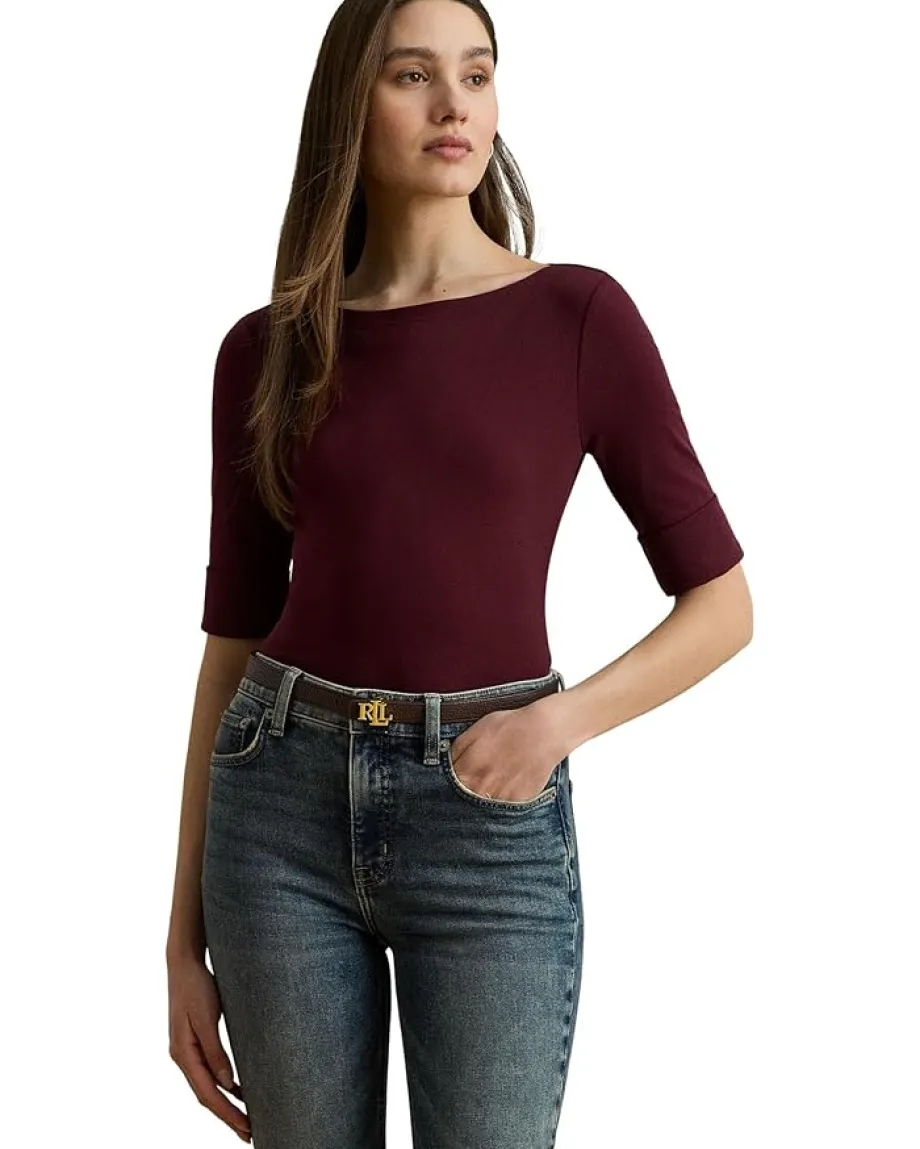 Lauren Ralph Lauren Stretch Cotton Boatneck Tee Dark Garnet Discount