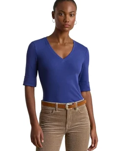 Women Lauren Ralph Lauren Stretch Cotton Elbow-Sleeve V-Neck Tee
