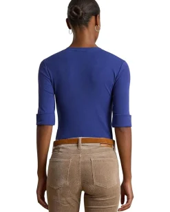 Women Lauren Ralph Lauren Stretch Cotton Elbow-Sleeve V-Neck Tee