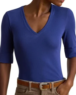 Women Lauren Ralph Lauren Stretch Cotton Elbow-Sleeve V-Neck Tee
