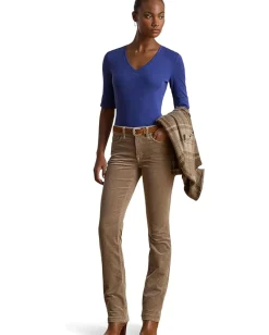 Women Lauren Ralph Lauren Stretch Cotton Elbow-Sleeve V-Neck Tee