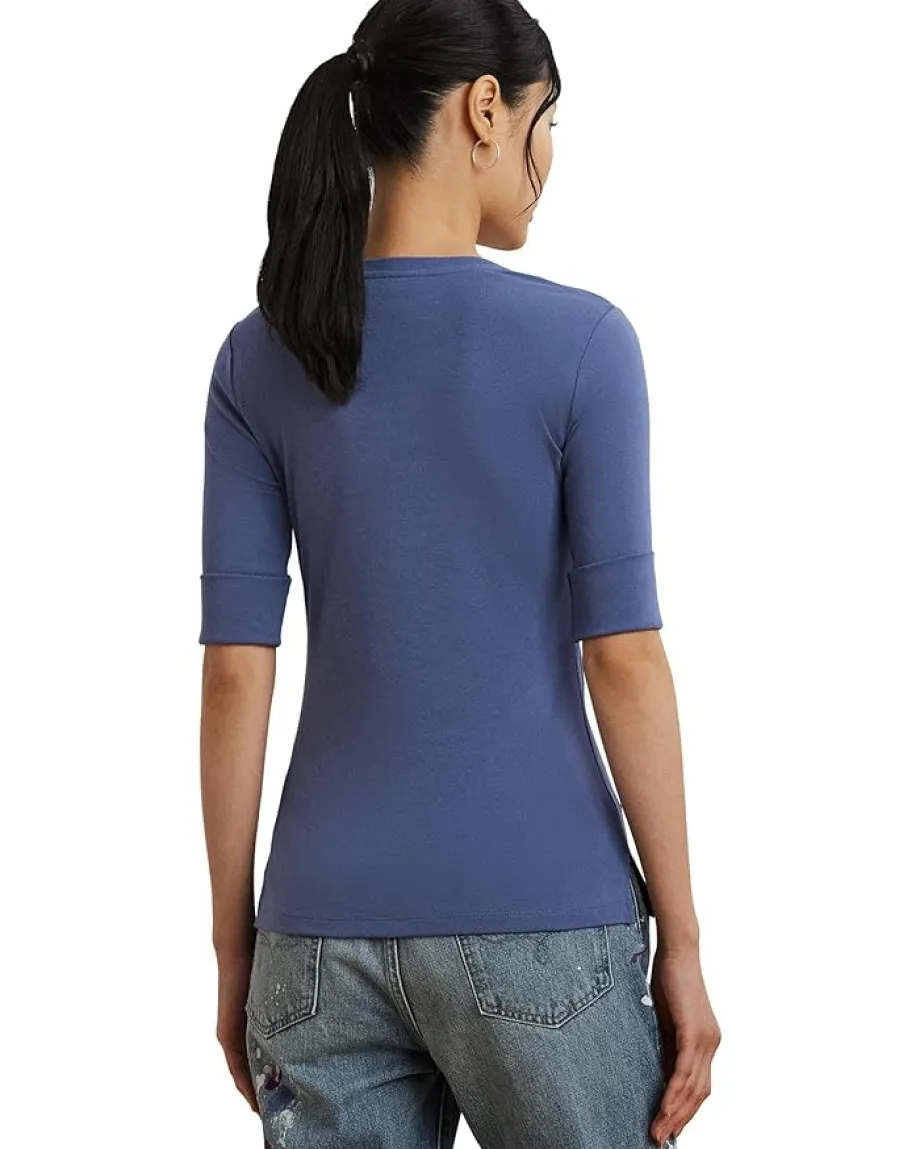 Women Lauren Ralph Lauren Stretch Cotton Elbow-Sleeve V-Neck Tee