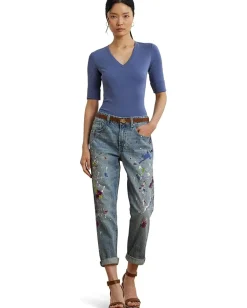 Women Lauren Ralph Lauren Stretch Cotton Elbow-Sleeve V-Neck Tee