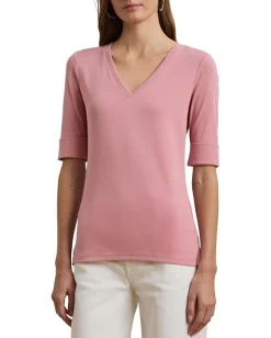 Lauren Ralph Lauren Stretch Cotton Elbow-Sleeve V-Neck Tee Rose Mauve Hot