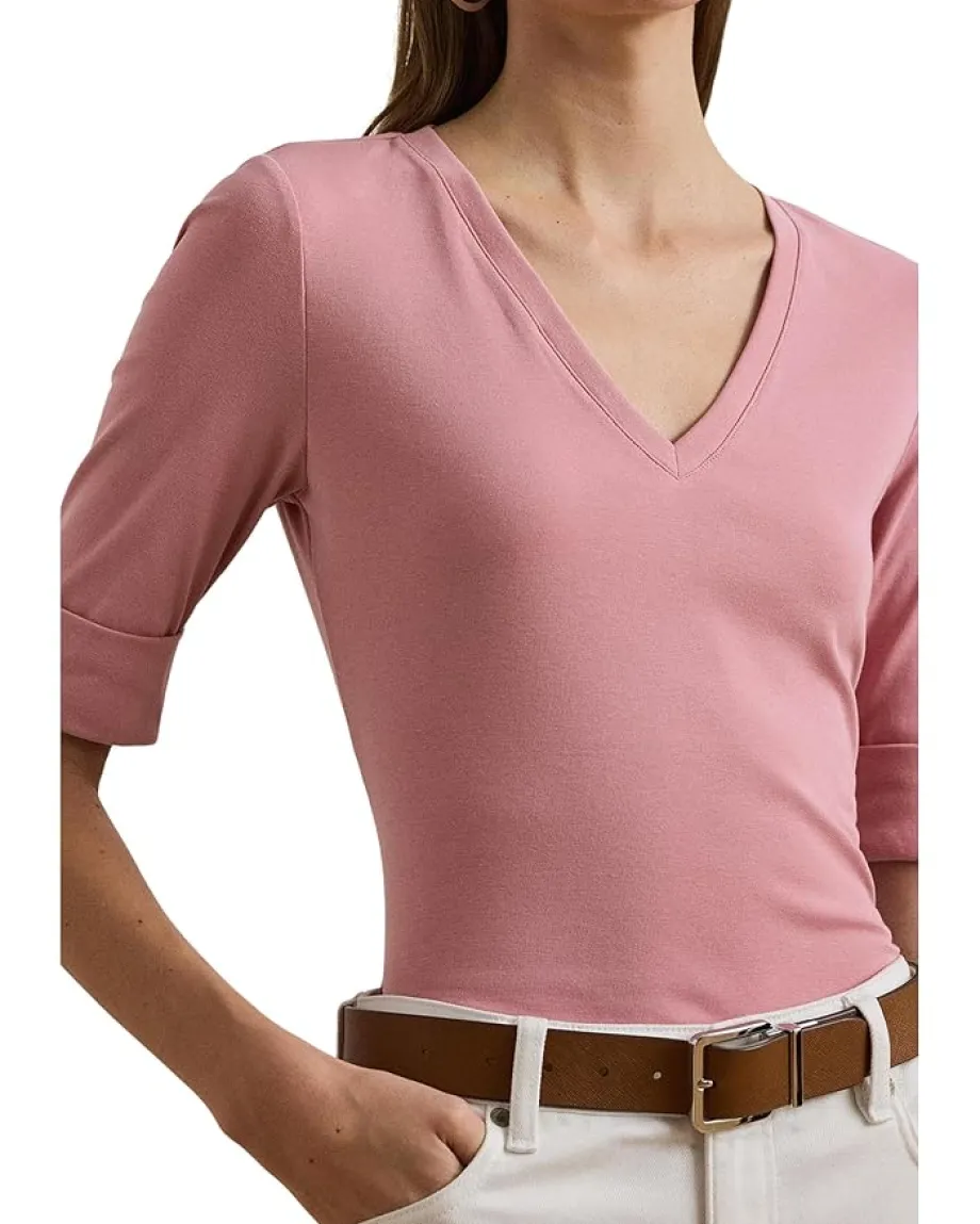 Lauren Ralph Lauren Stretch Cotton Elbow-Sleeve V-Neck Tee Rose Mauve Hot