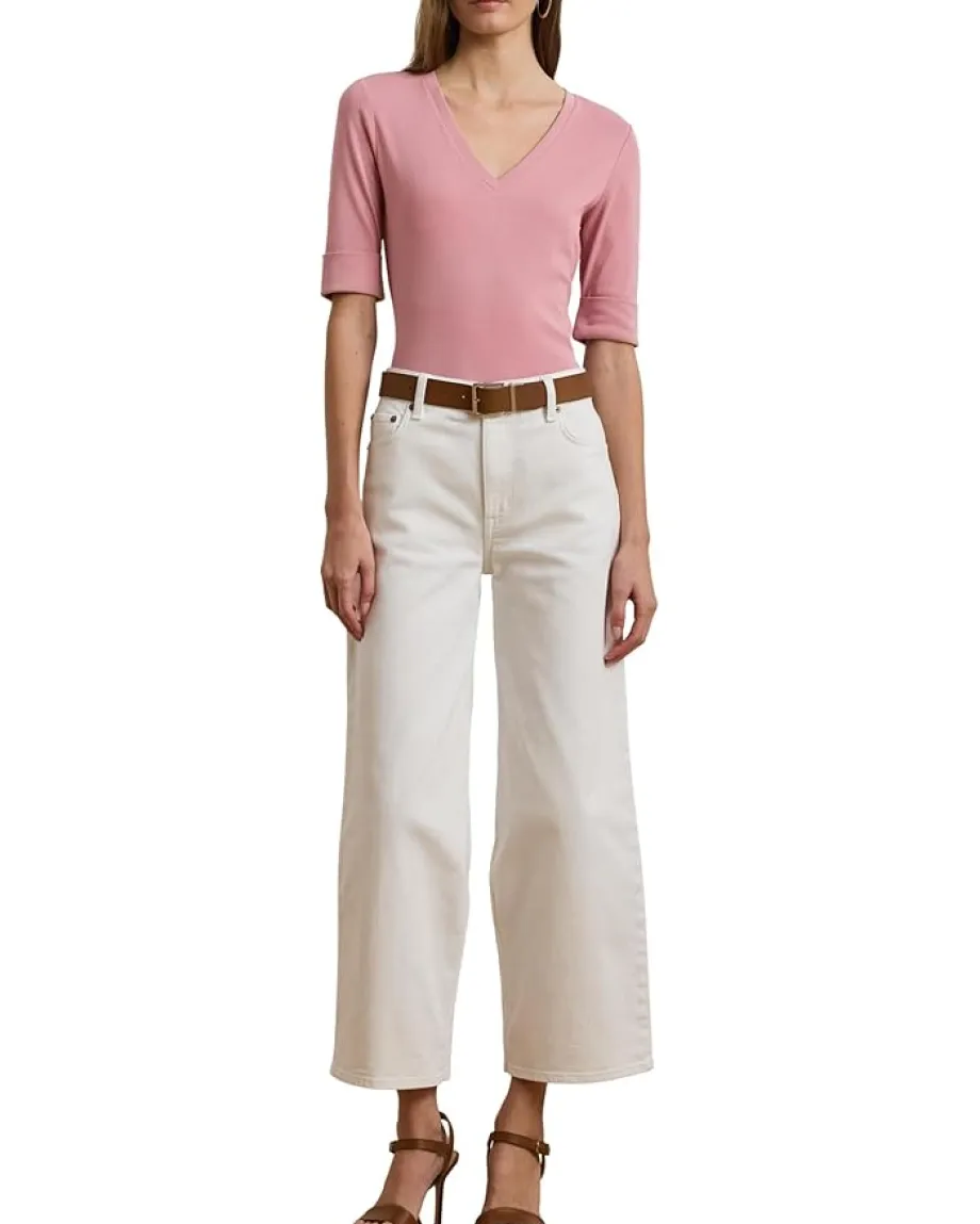 Lauren Ralph Lauren Stretch Cotton Elbow-Sleeve V-Neck Tee Rose Mauve Hot