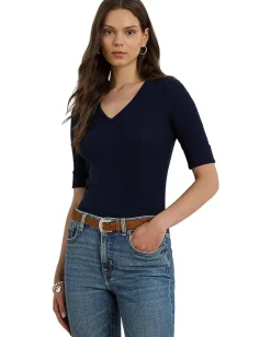Lauren Ralph Lauren Stretch Cotton Elbow-Sleeve V-Neck Tee Lauren Navy Clearance