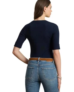 Lauren Ralph Lauren Stretch Cotton Elbow-Sleeve V-Neck Tee Lauren Navy Clearance