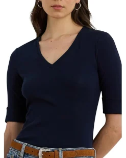 Lauren Ralph Lauren Stretch Cotton Elbow-Sleeve V-Neck Tee Lauren Navy Clearance