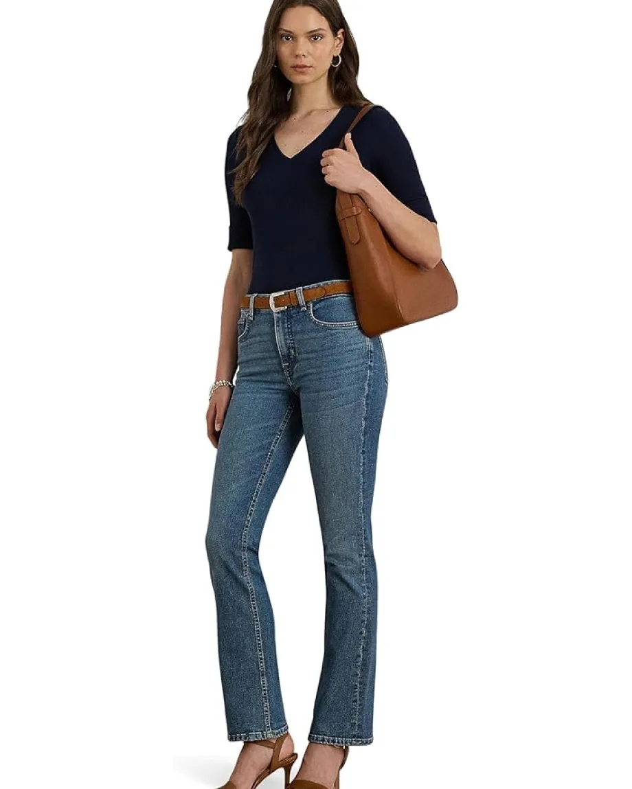 Lauren Ralph Lauren Stretch Cotton Elbow-Sleeve V-Neck Tee Lauren Navy Clearance