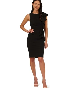 Adrianna Papell Stretch Crepe Side Ruffle Cocktail Dress Black Discount
