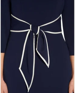 Adrianna Papell Stretch Crepe Tie Front Dress with Contrast Tipping Navy Sateen/Ivory New
