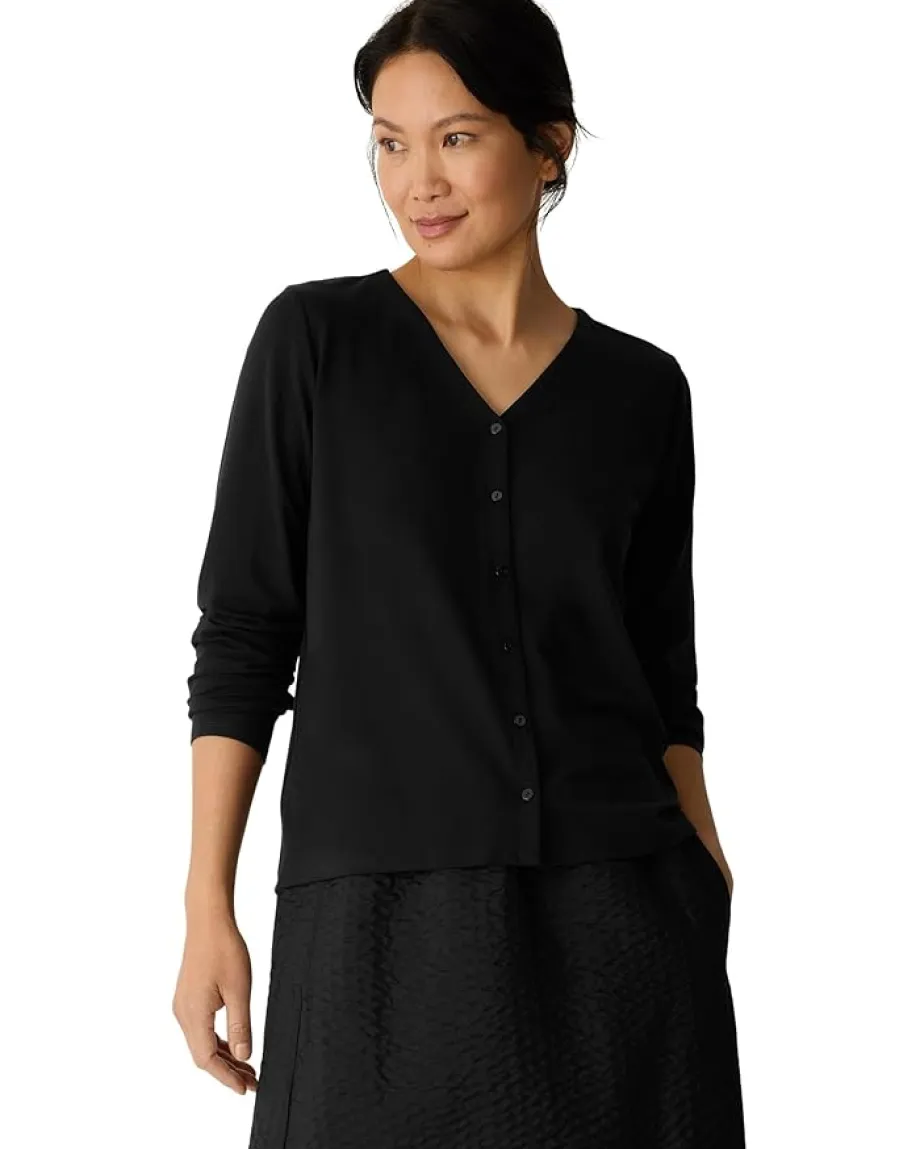 Eileen Fisher Stretch Jersey Knit V-neck Button Front Top Black New