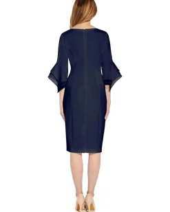 Women Adrianna Papell Stretch Knit Crepe Sheath Dress with Tiered Organza Bell Sleeve