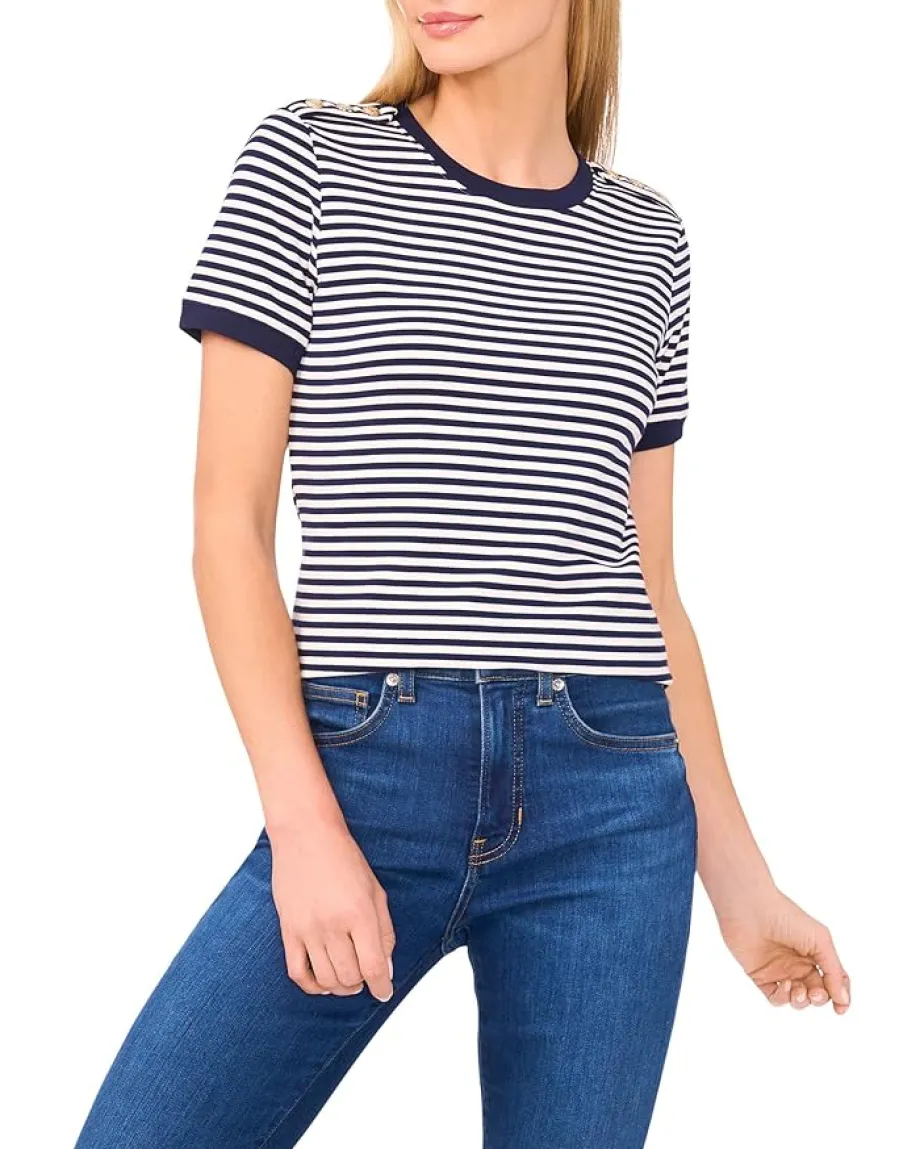 CeCe Striped Baby Tee With Crest Button Detail Classic Navy New