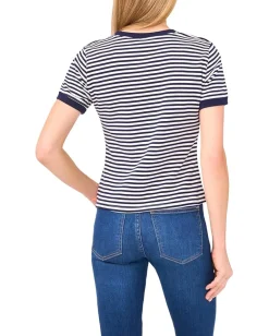 CeCe Striped Baby Tee With Crest Button Detail Classic Navy New