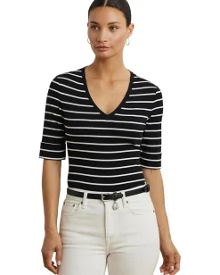 Women Lauren Ralph Lauren Striped Cotton Elbow-sleeve V-neck Tee