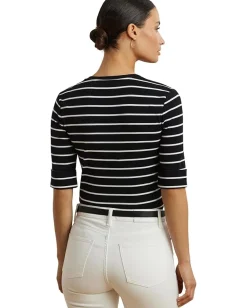 Women Lauren Ralph Lauren Striped Cotton Elbow-sleeve V-neck Tee