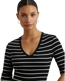 Women Lauren Ralph Lauren Striped Cotton Elbow-sleeve V-neck Tee