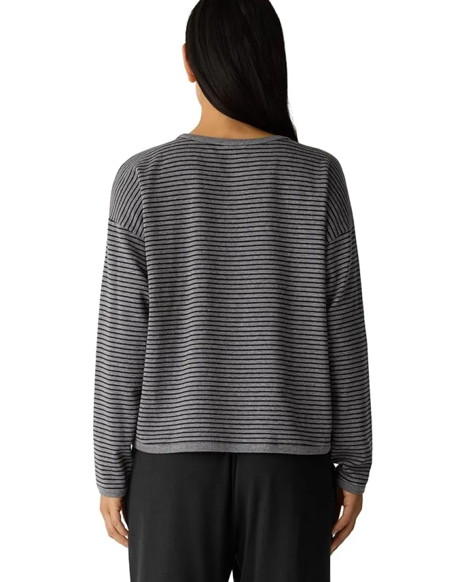 Eileen Fisher Striped Cozy Brushed Terry Round Neck Cropped Box Top Black New