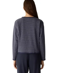 Eileen Fisher Striped Cozy Brushed Terry Round Neck Cropped Box Top Ink Best