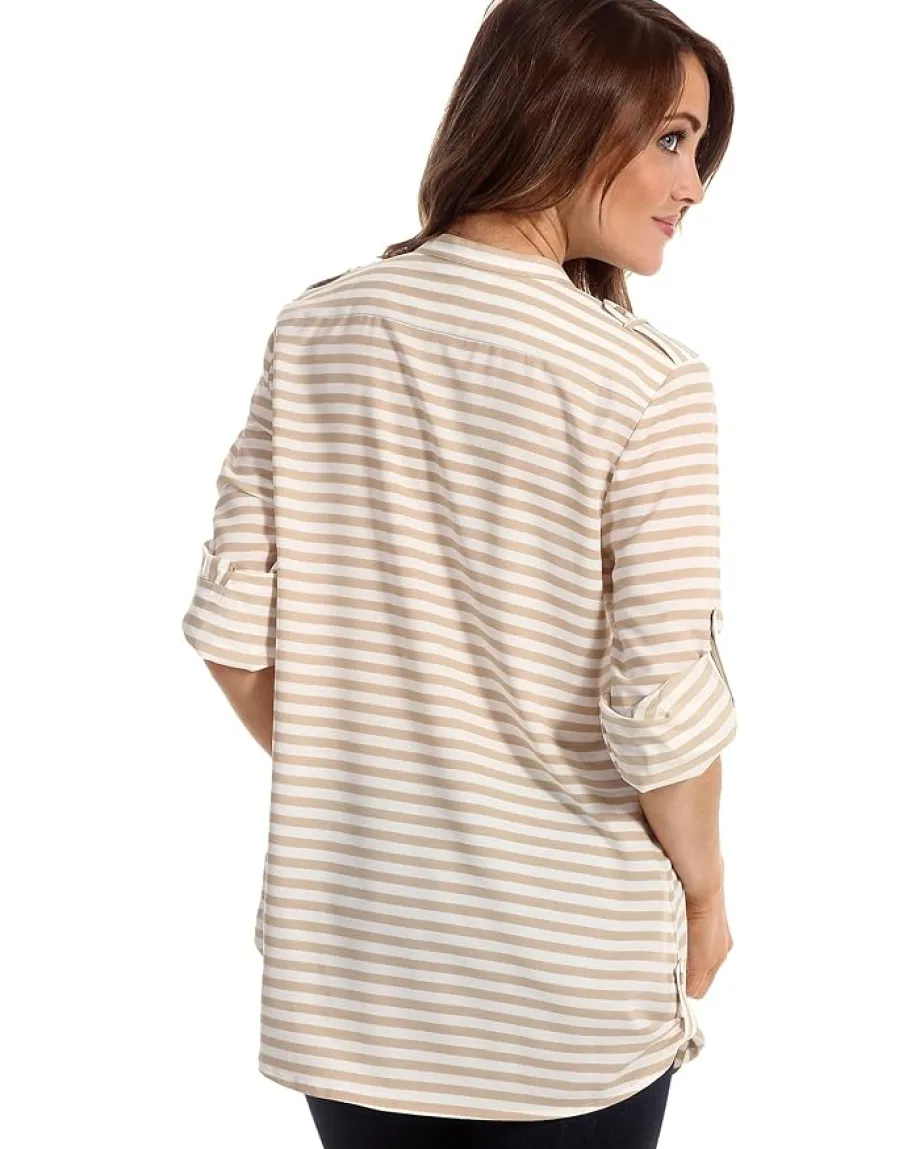 Calvin Klein Striped Crew Roll Sleeve Blouse Latte/Ivry New