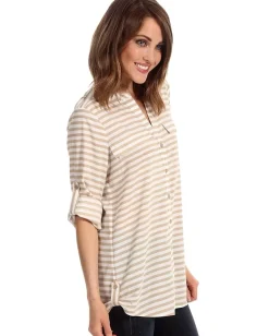 Calvin Klein Striped Crew Roll Sleeve Blouse Latte/Ivry New