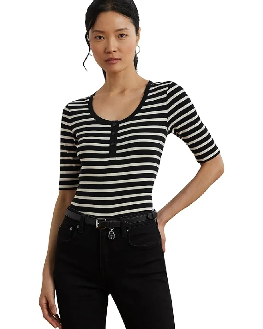 Women Lauren Ralph Lauren Striped Elbow-sleeve Henley Top