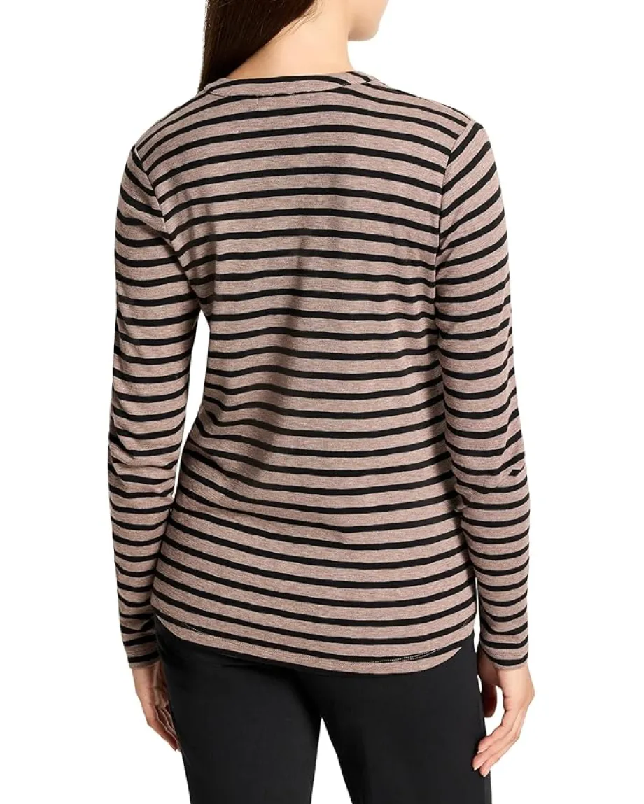NIC+ZOE Striped Long Sleeve Henley Tee Brown Multi Best