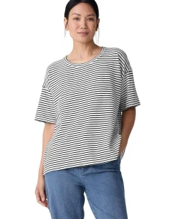 Women Eileen Fisher Striped Organic Cotton Slub Crew Neck Short Sleeve Box Top