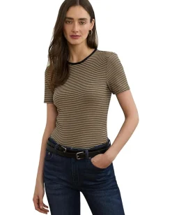 Lauren Ralph Lauren Striped Stretch Cotton Crewneck Tee Black/Birch Tan Clearance