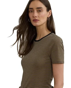 Lauren Ralph Lauren Striped Stretch Cotton Crewneck Tee Black/Birch Tan Clearance