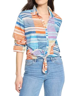 NIC+ZOE Sunset Stripe Cotton Boyfriend Shirt Blue Multi Discount