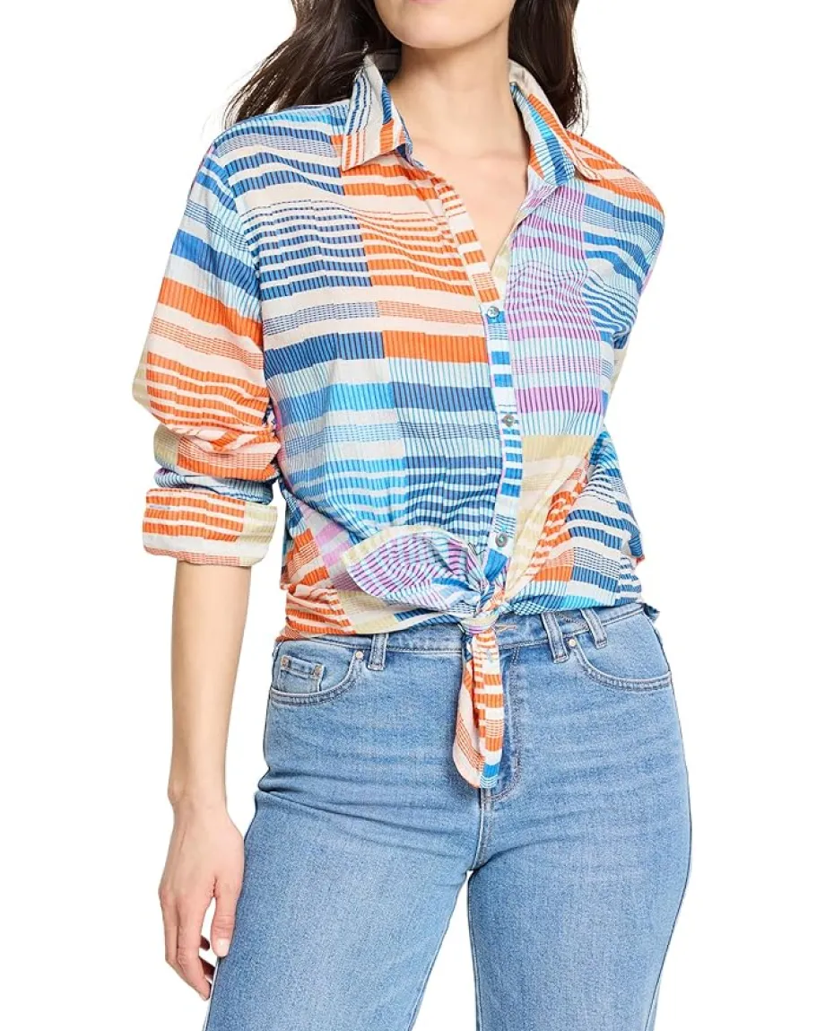 NIC+ZOE Sunset Stripe Cotton Boyfriend Shirt Blue Multi Discount