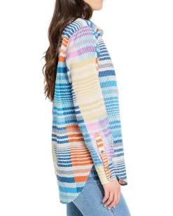 NIC+ZOE Sunset Stripe Cotton Boyfriend Shirt Blue Multi Discount