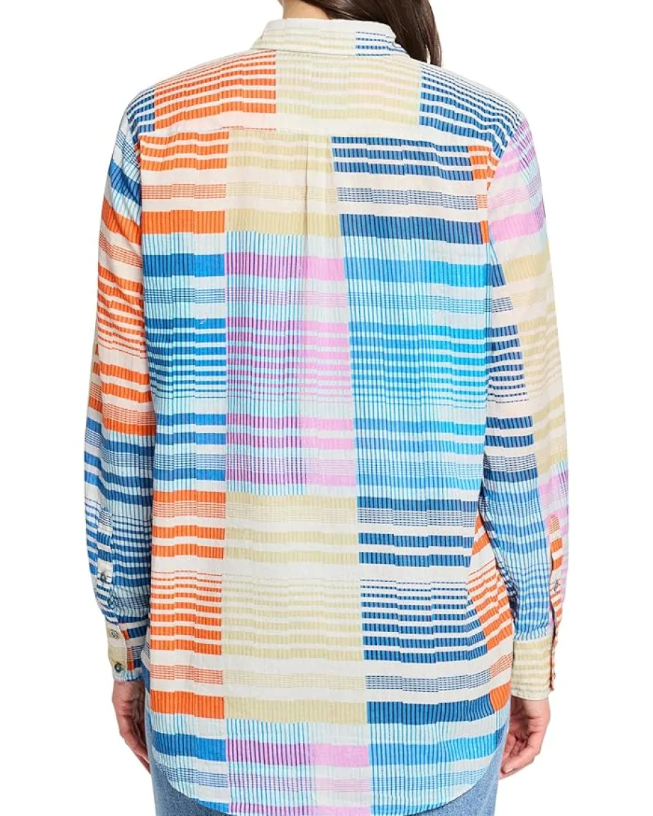 NIC+ZOE Sunset Stripe Cotton Boyfriend Shirt Blue Multi Discount