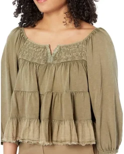 Lucky Brand Textured Long Sleeve Top Deep Lichen Green New