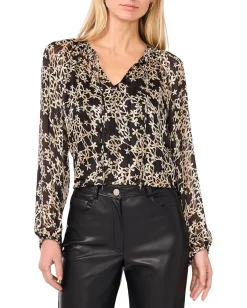 Vince Camuto Tie Neck Shirring Long Sleeve Rich Black Sale
