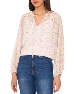 Women Vince Camuto Tie Neck Shirring Long Sleeve