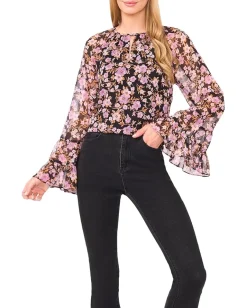 Women CeCe Tiered Flowy Long Sleeve Keyhole Blouse