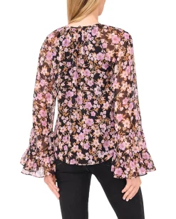 Women CeCe Tiered Flowy Long Sleeve Keyhole Blouse