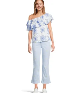 Lilly Pulitzer Trixie One Shoulder Ruffle Sunwashed Blue Al Fresco Dot Embroidery Sale