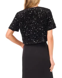 CeCe Velvet Sequin Short Sleeve Bow Front Top Rich Black Clearance